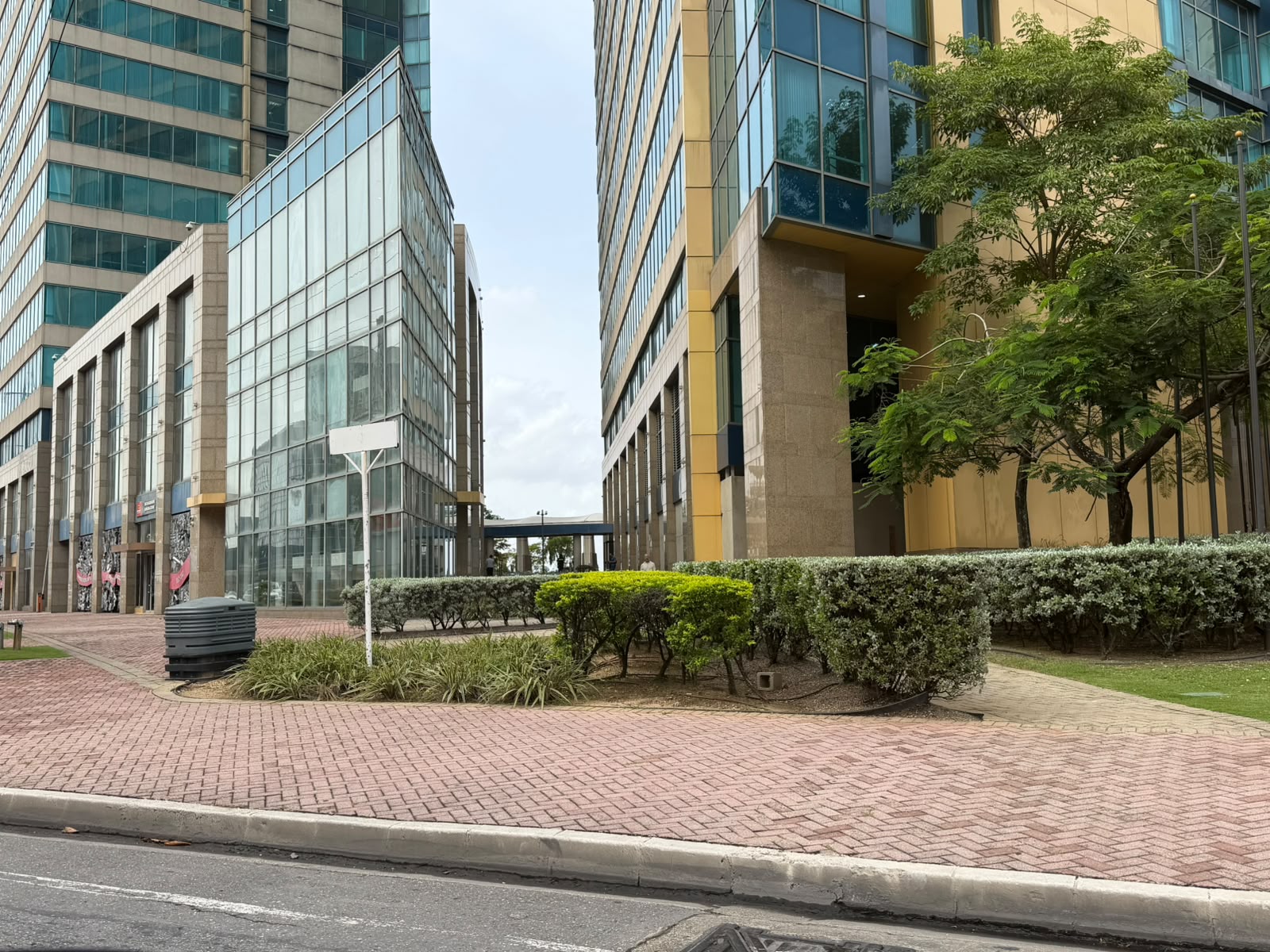 Reflective blue glass towers above a brick-paved plaza
