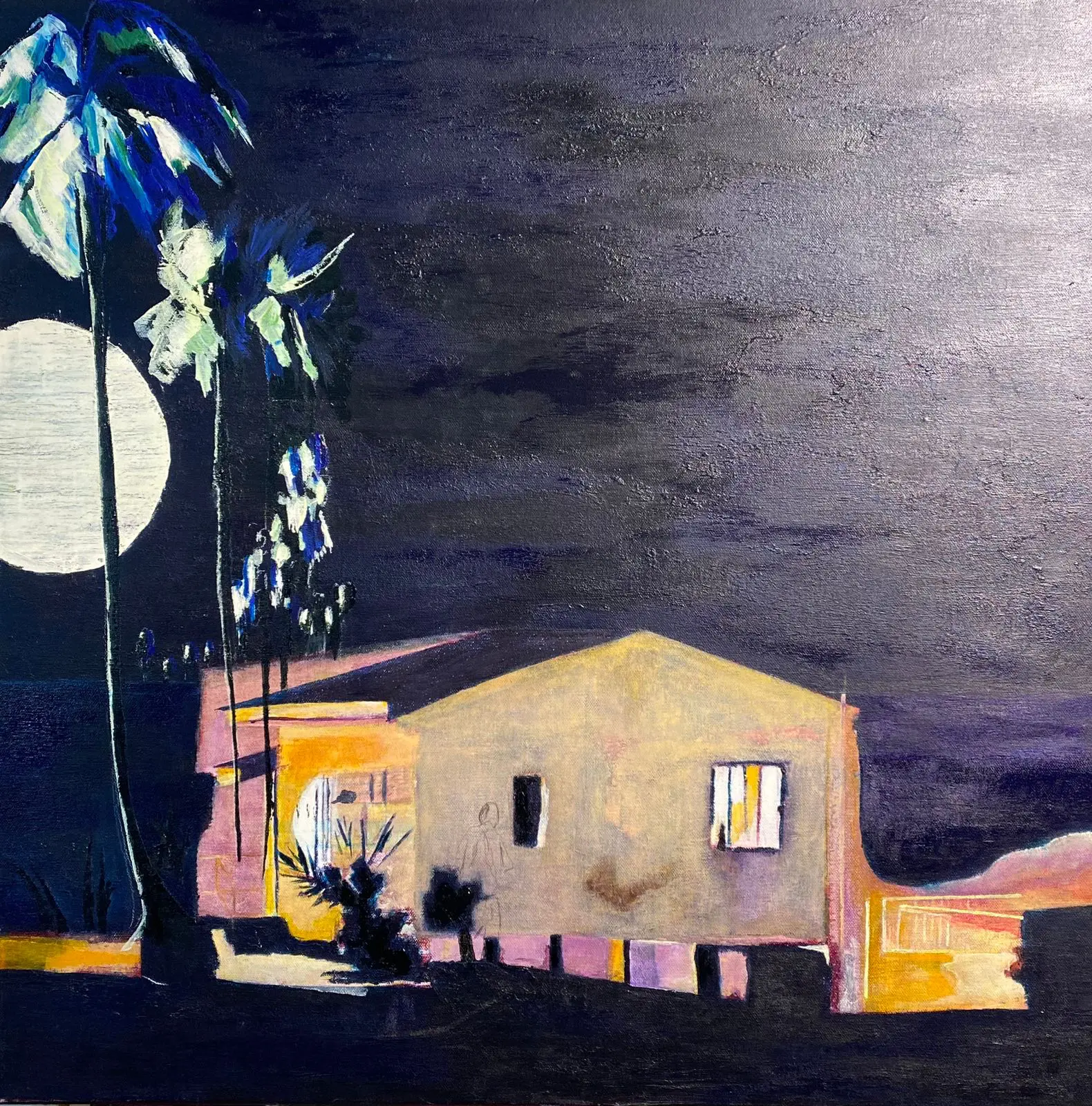 A night painting of a house and palms