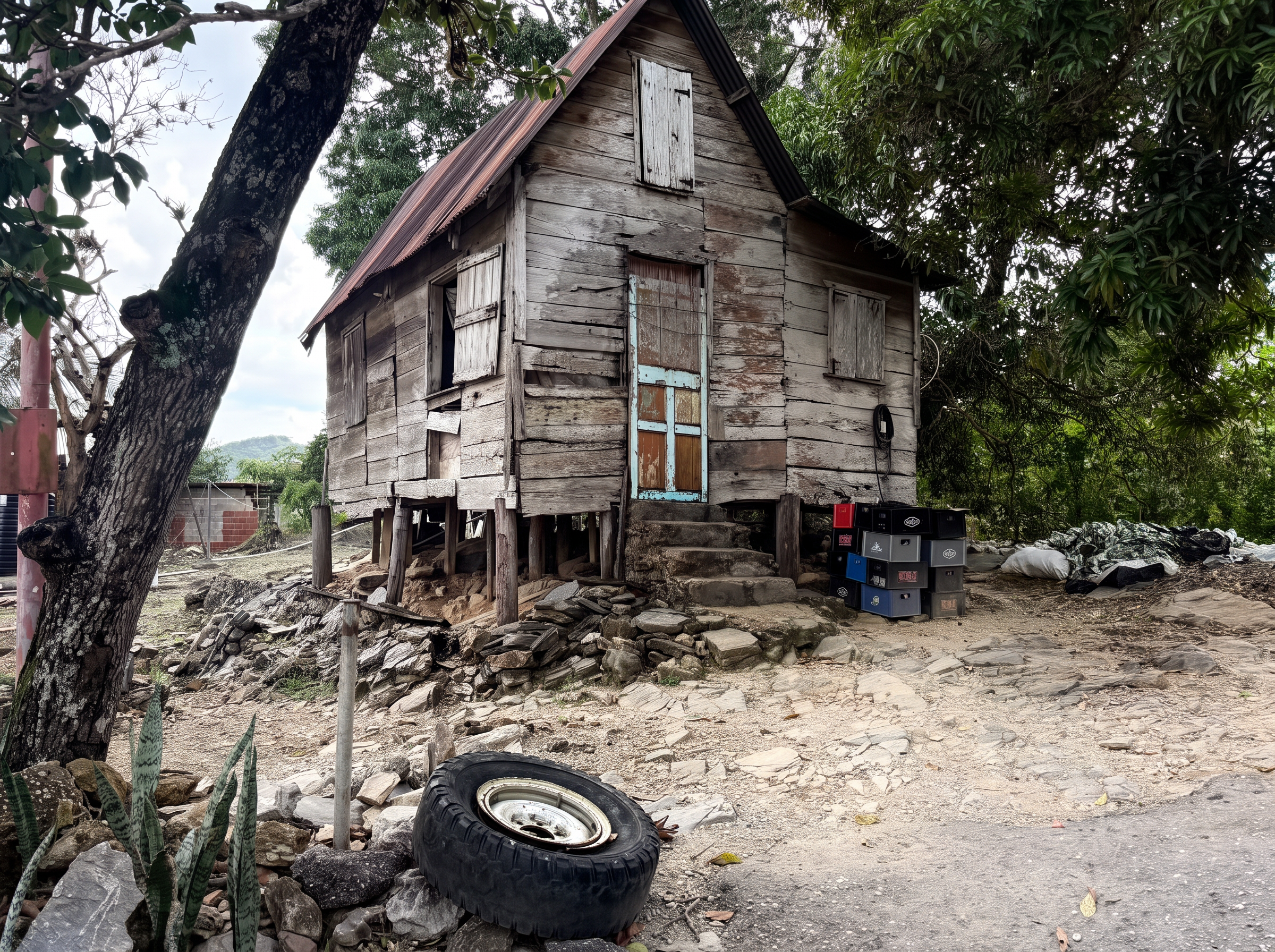 A weathered wooden shack on stilts in a tropical clearing