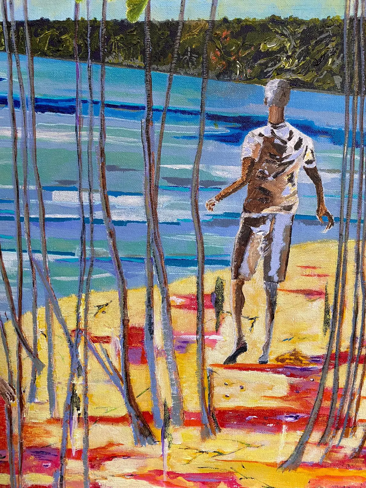 A figure walking through palms beside the sea
