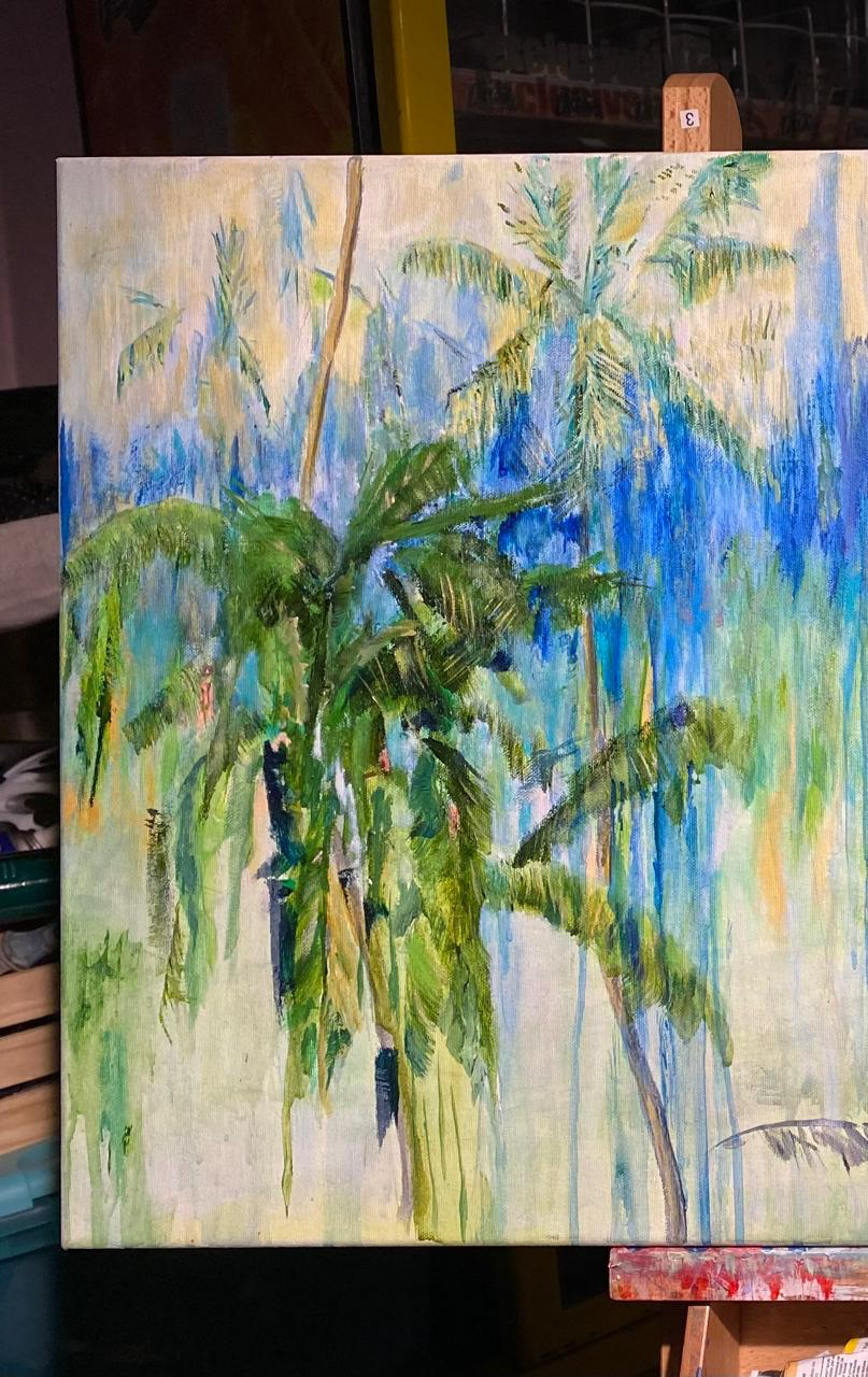 A painting of palms in blue and green