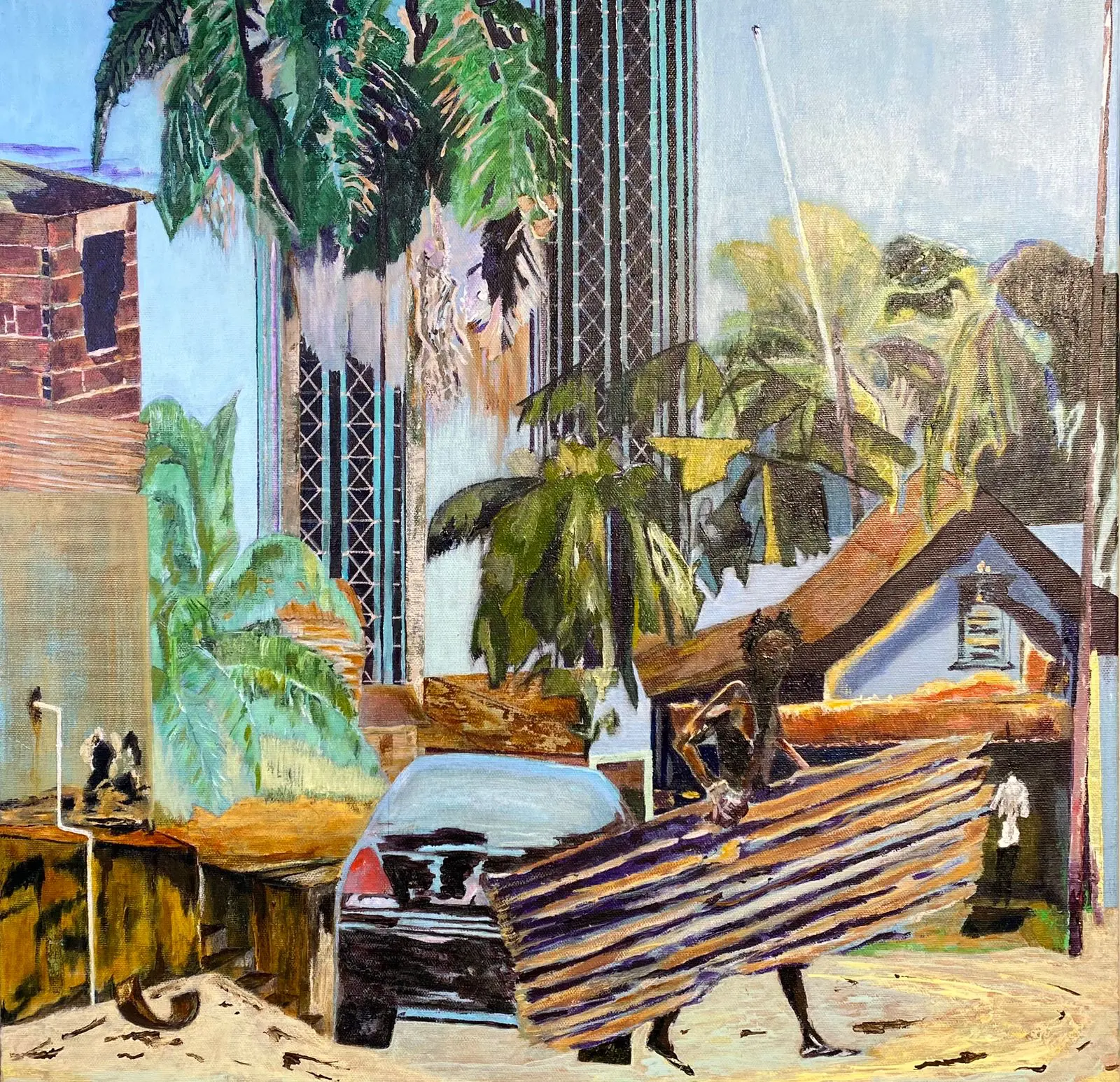 An urban scene with a carried corrugated panel