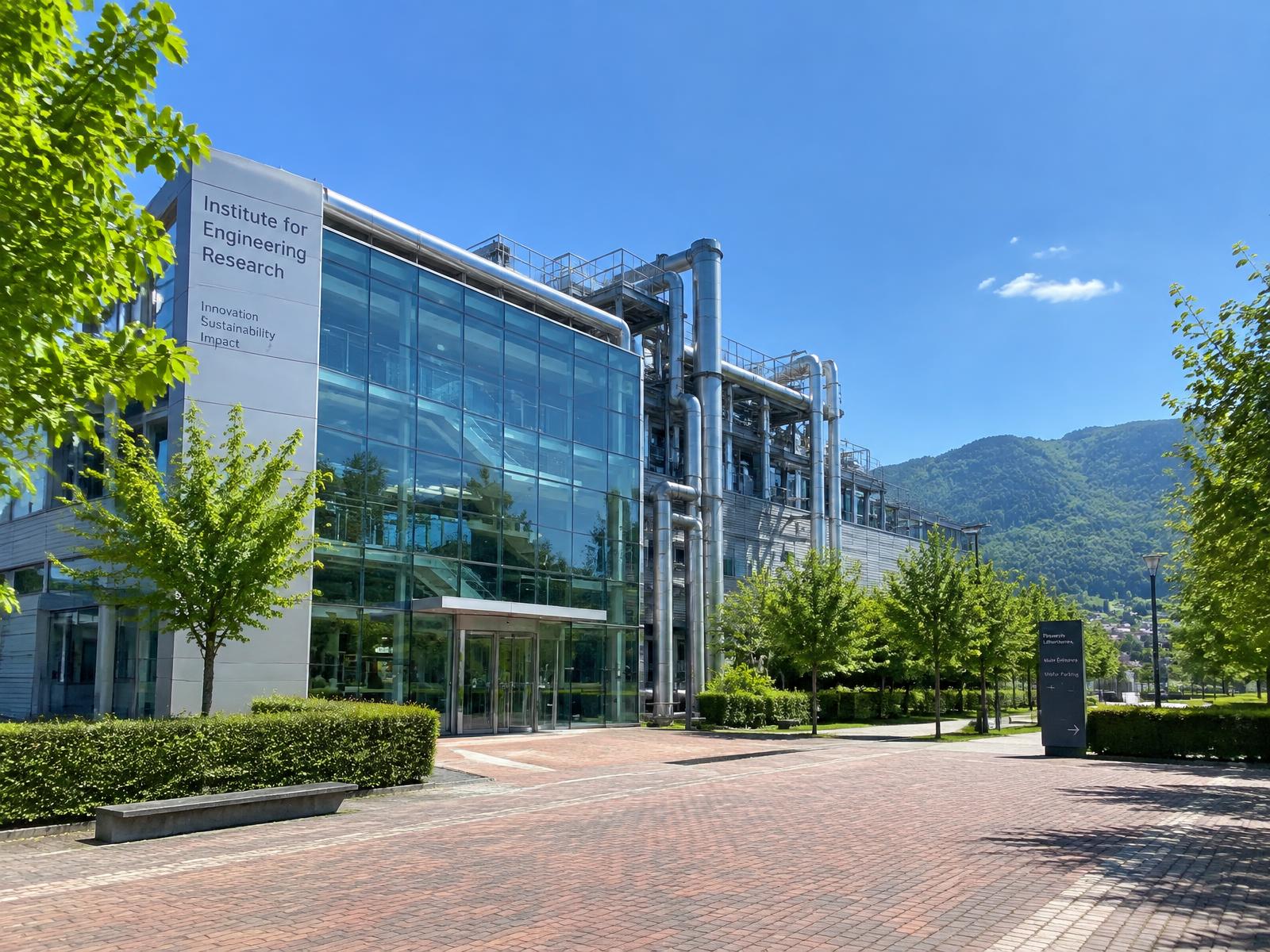 A glass-fronted engineering research institute with industrial pipework